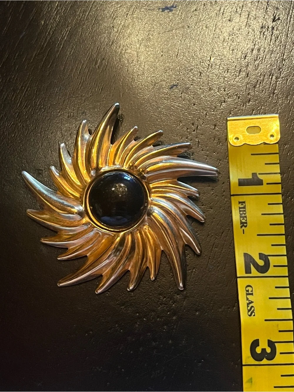 Vintage Sunburst Brooch Pin in Gold with Black Center
